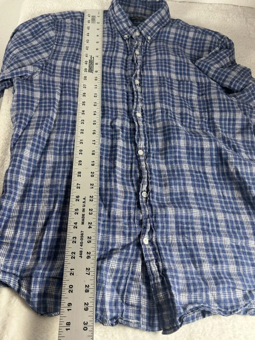 Banana Republic Mens Blue Plaid Linen Button-Down Short Sleeve Shirt Camden Fit